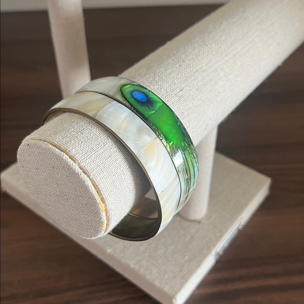 Set of two brass bangles with mother-of-pearl inlay